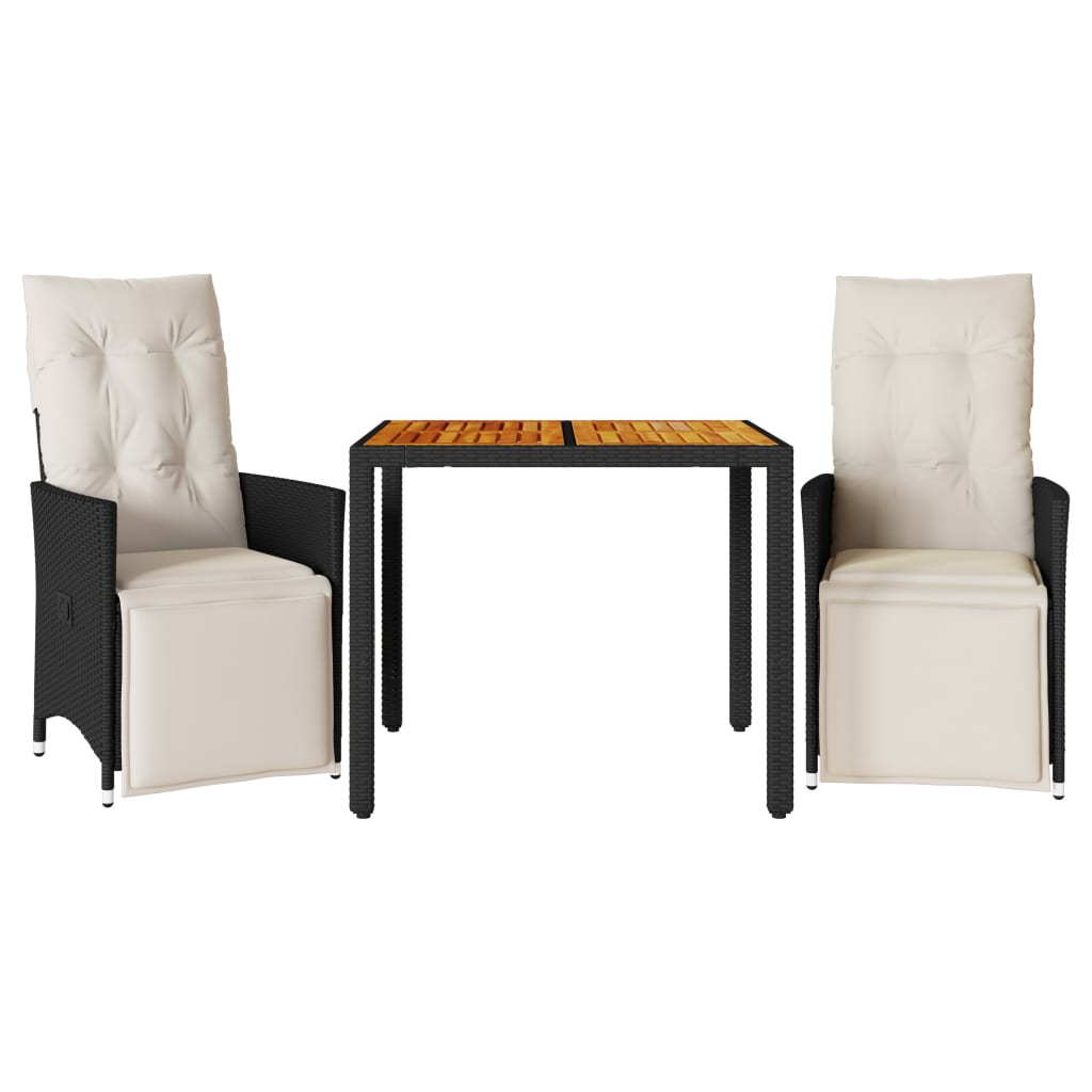 3-dijelni bistro set s jastucima crni od poliratana