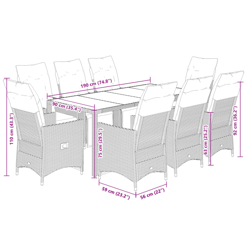 9-dijelni vrtni bistro set od poliratana s jastucima sivi