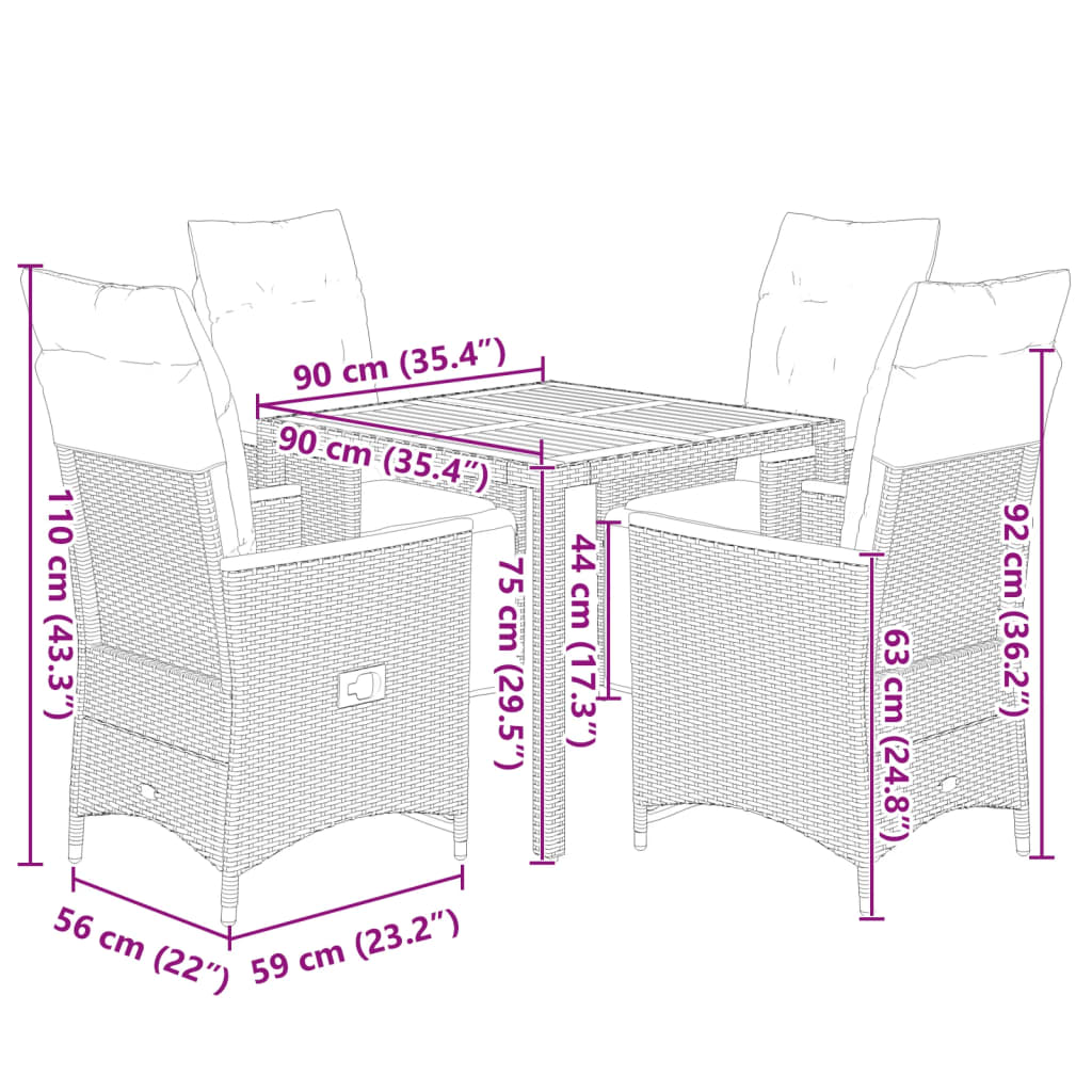 5-dijelni vrtni bistro set od poliratana s jastucima sivi Siva 90 x 90 x 75 cm