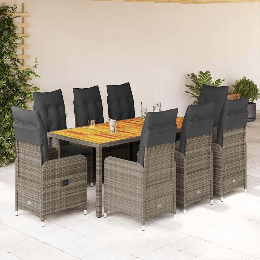 9-dijelni vrtni bistro set od poliratana s jastucima sivi