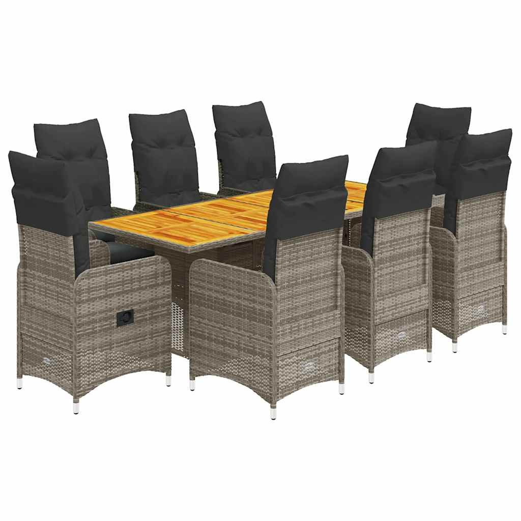 9-dijelni vrtni bistro set od poliratana s jastucima sivi Siva 190 x 80 x 75 cm