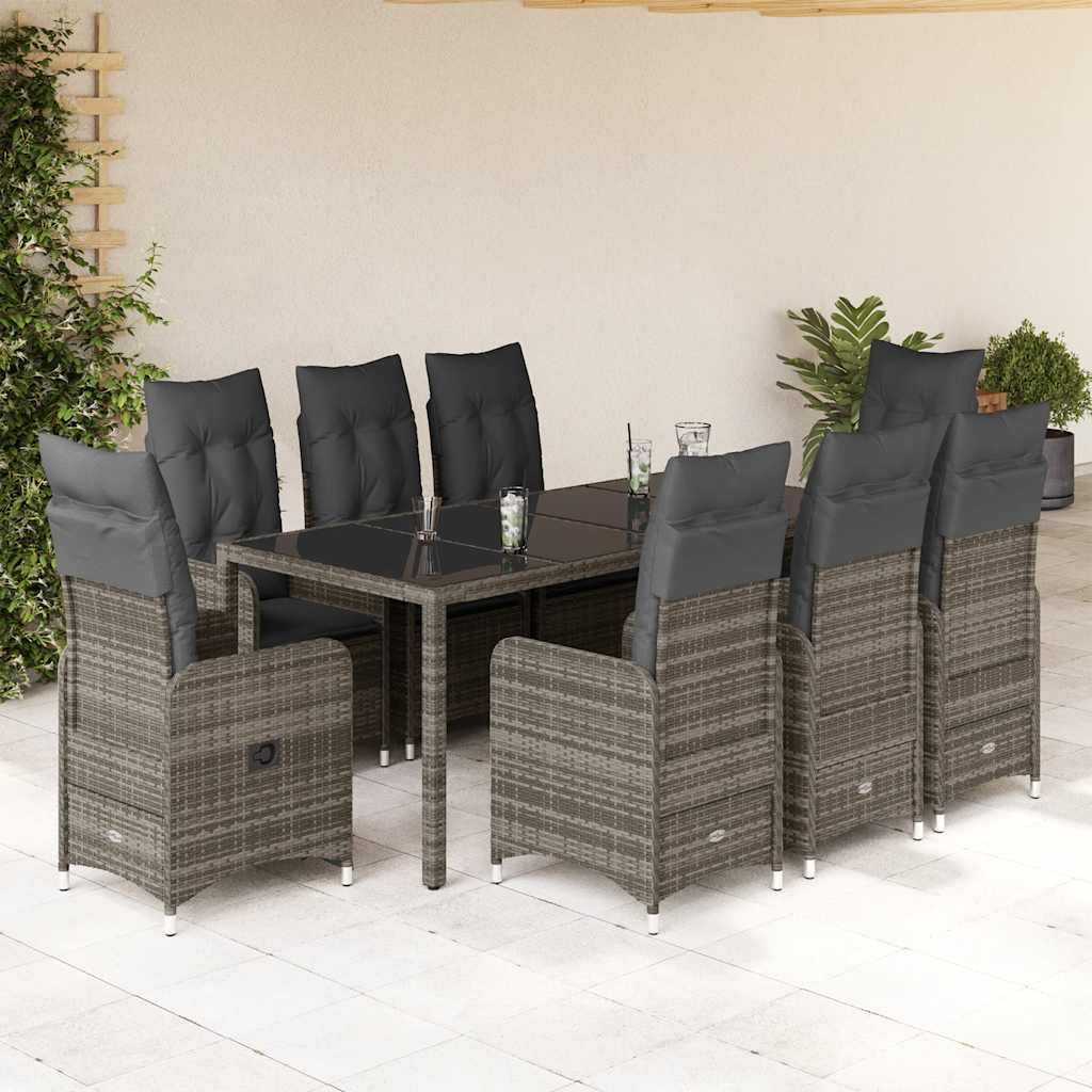 9-dijelni vrtni bistro set od poliratana s jastucima sivi