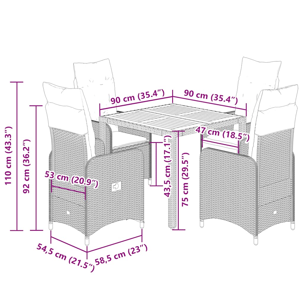 5-dijelni vrtni bistro set od poliratana s jastucima bež