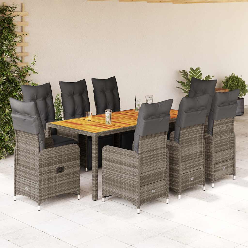 9-dijelni vrtni bistro set od poliratana s jastucima sivi