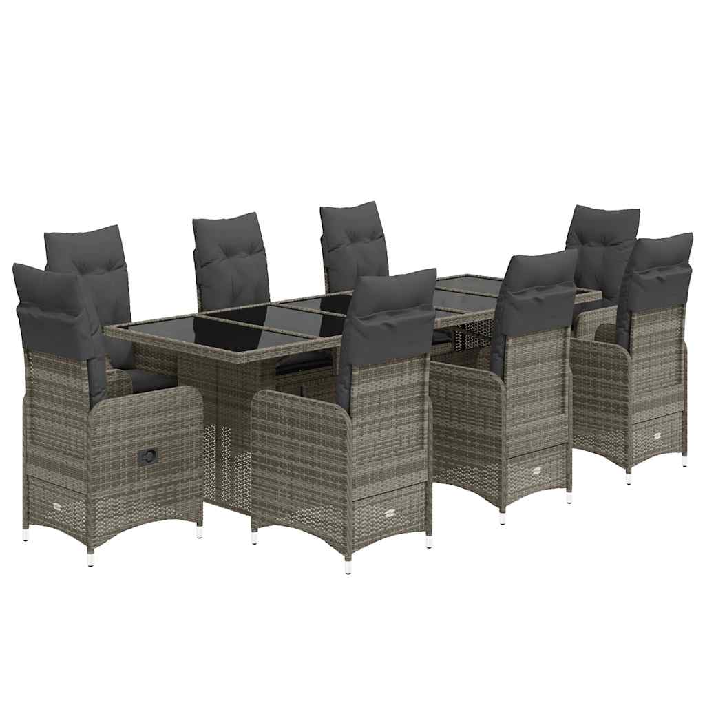 9-dijelni vrtni bistro set od poliratana s jastucima sivi