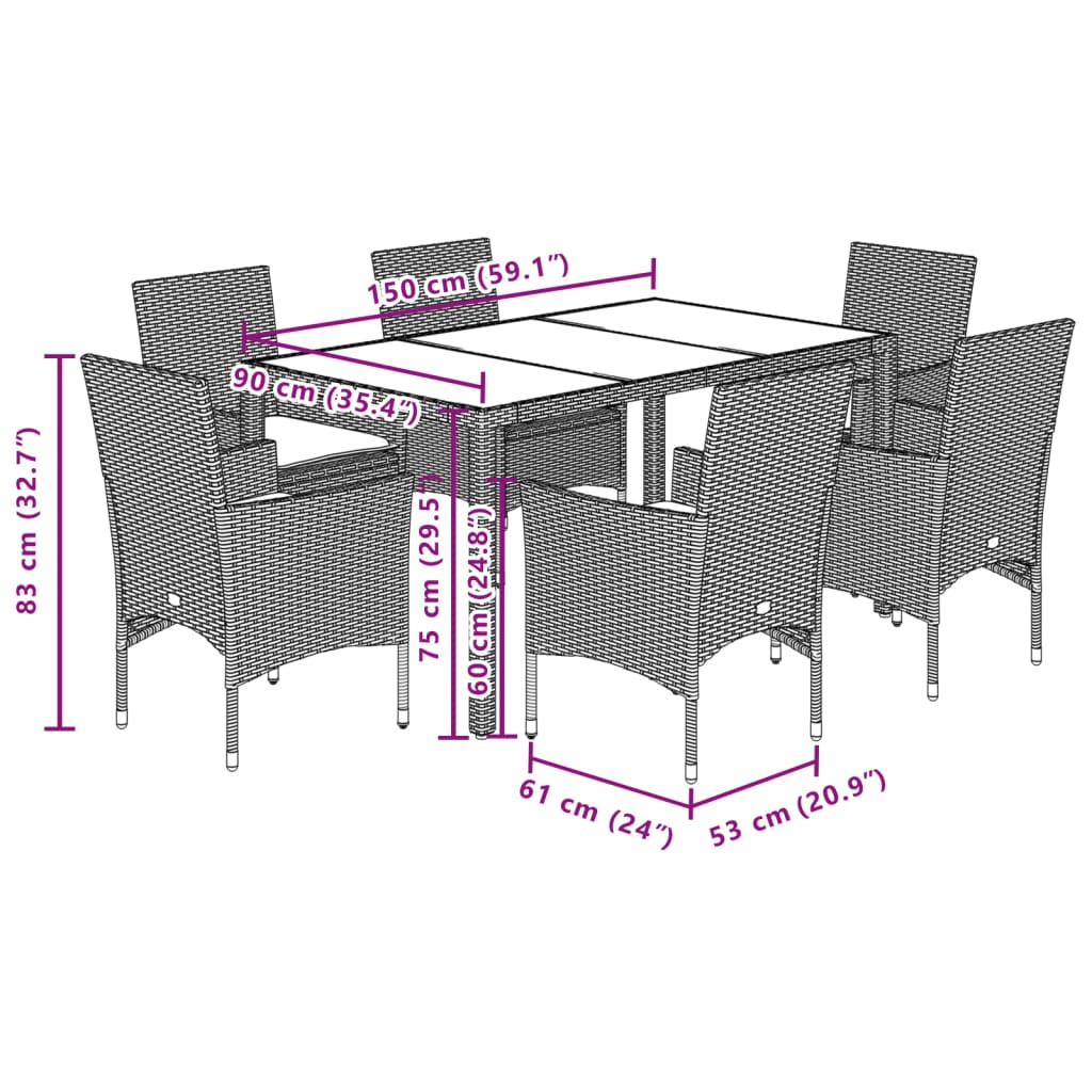 7-dijelni vrtni blagovaonski set s jastucima poliratan i staklo