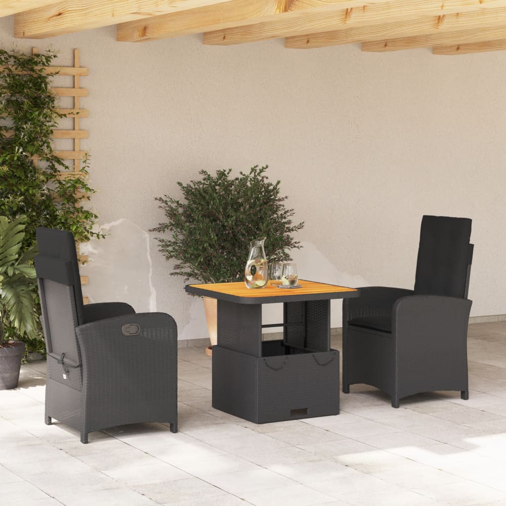 3-dijelni vrtni blagovaonski set s jastucima od poliratana crni Crna 80 cm table length