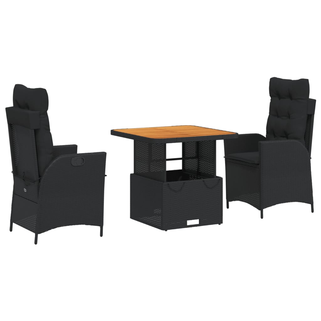 3-dijelni vrtni blagovaonski set s jastucima od poliratana crni Crna 80 cm table length