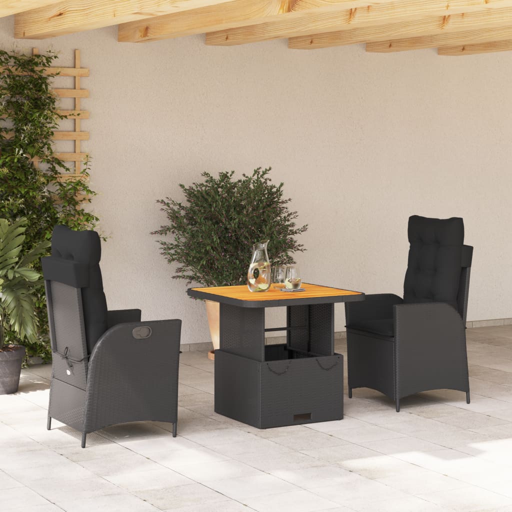 3-dijelni vrtni blagovaonski set s jastucima od poliratana crni Crna 80 cm table length
