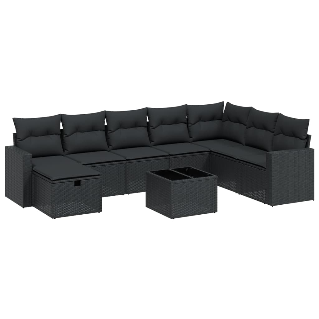 9-dijelni set vrtnih sofa s jastucima crni od poliratana Crna 65.5 x 62 x 69 cm