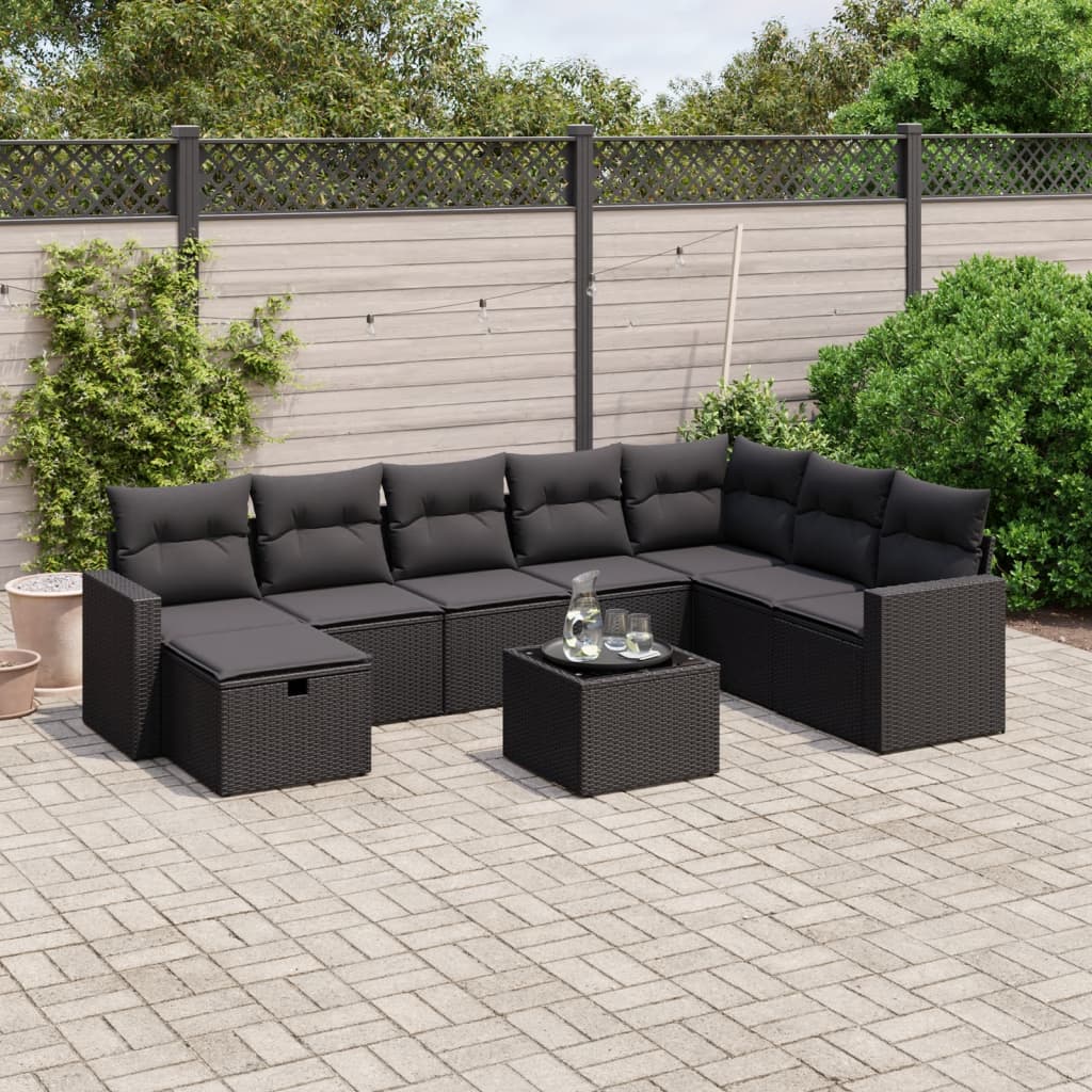9-dijelni set vrtnih sofa s jastucima crni od poliratana Crna 65.5 x 62 x 69 cm