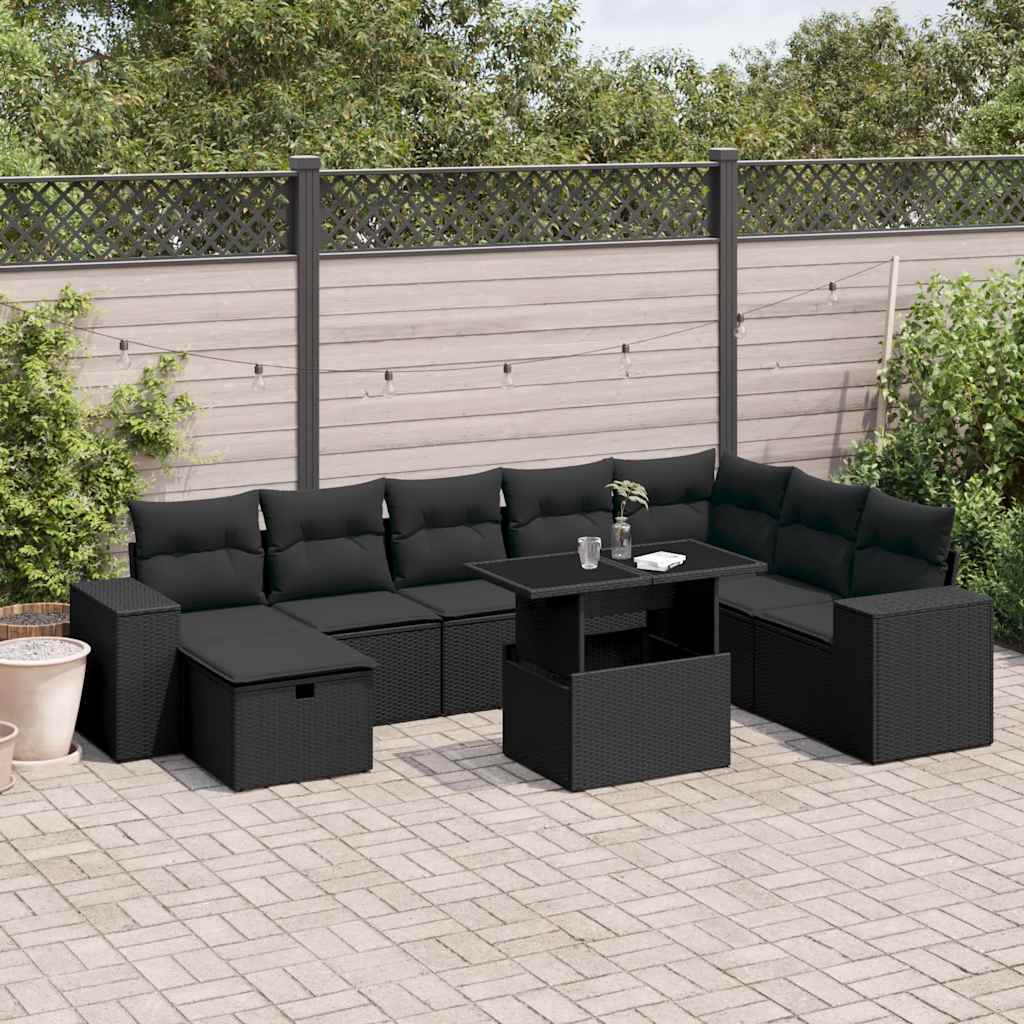 9-dijelni set vrtnih sofa s jastucima crni od poliratana