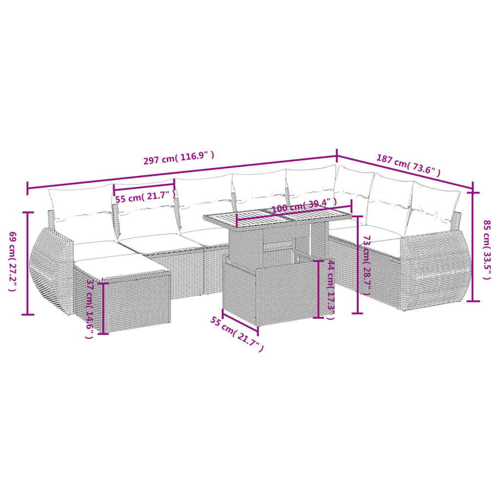 9-dijelni set vrtnih sofa s jastucima crni od poliratana