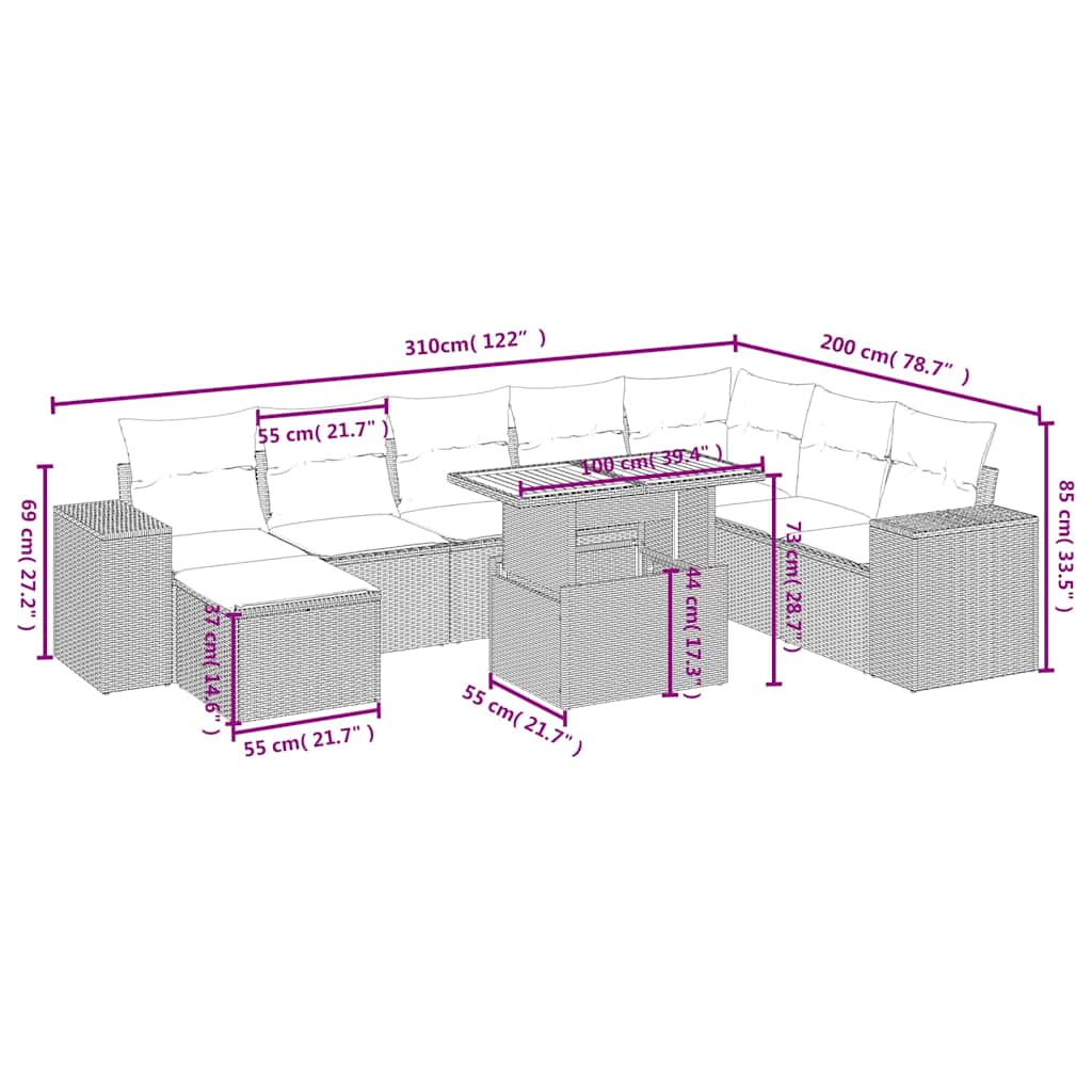 9-dijelni set vrtnih sofa s jastucima crni od poliratana