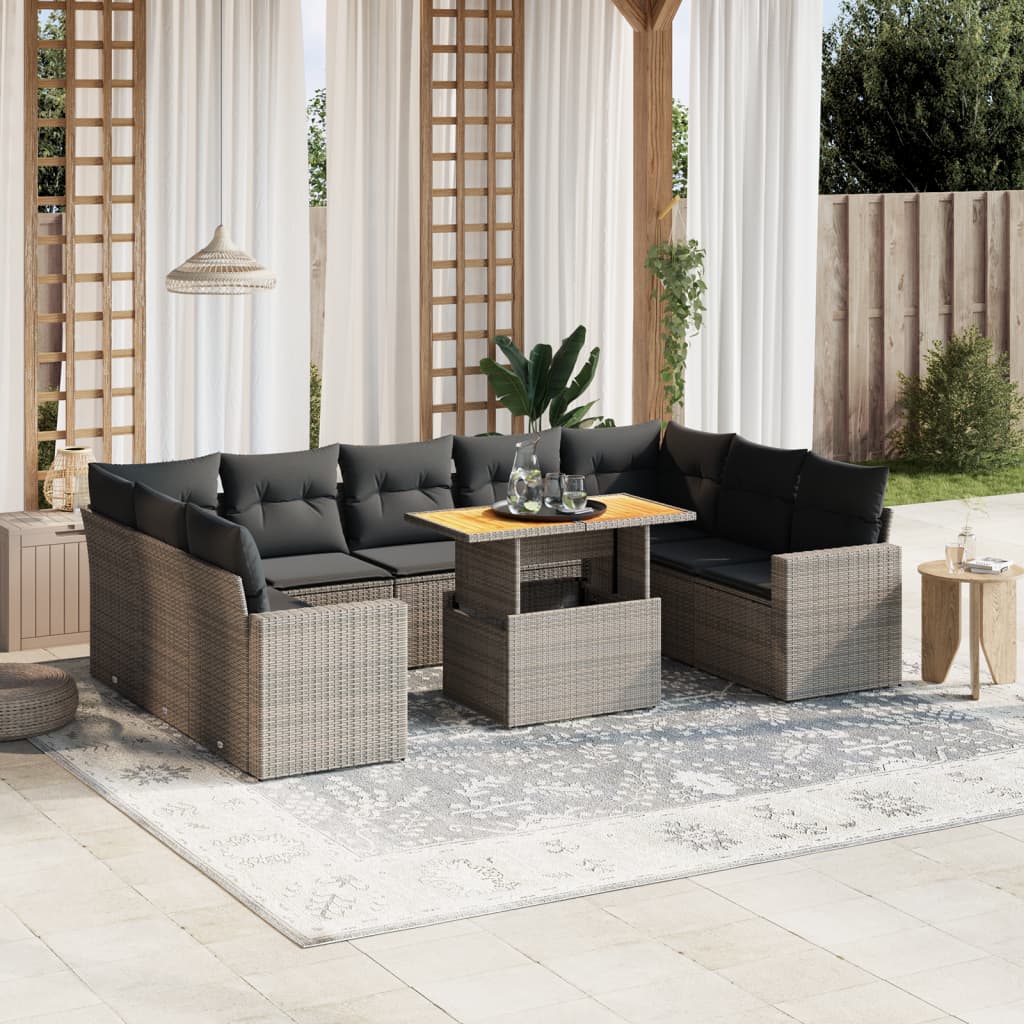 10-dijelni set vrtnih sofa od poliratana s jastucima sivi