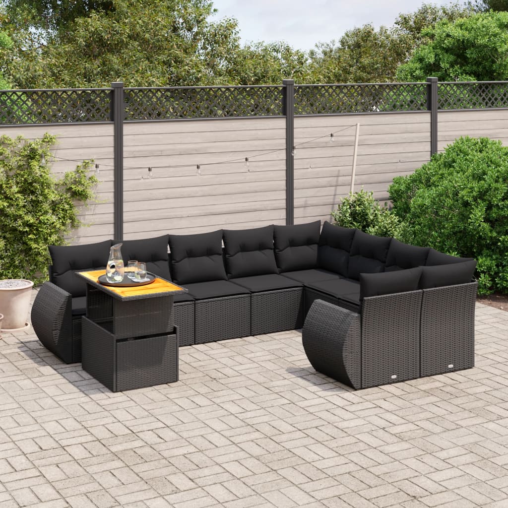 10-dijelni set vrtnih sofa s jastucima crni od poliratana