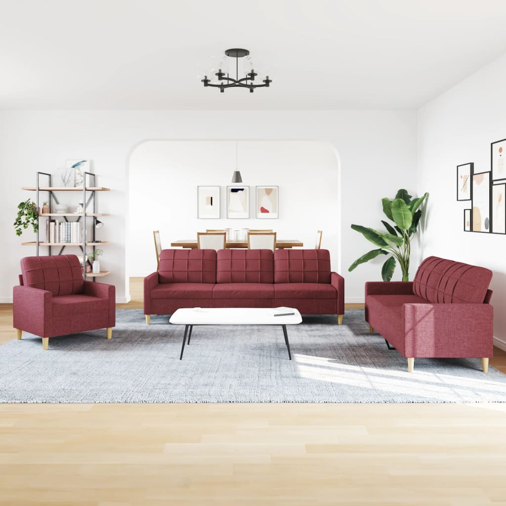 3-dijelni set sofa crvena boja vina od tkanine