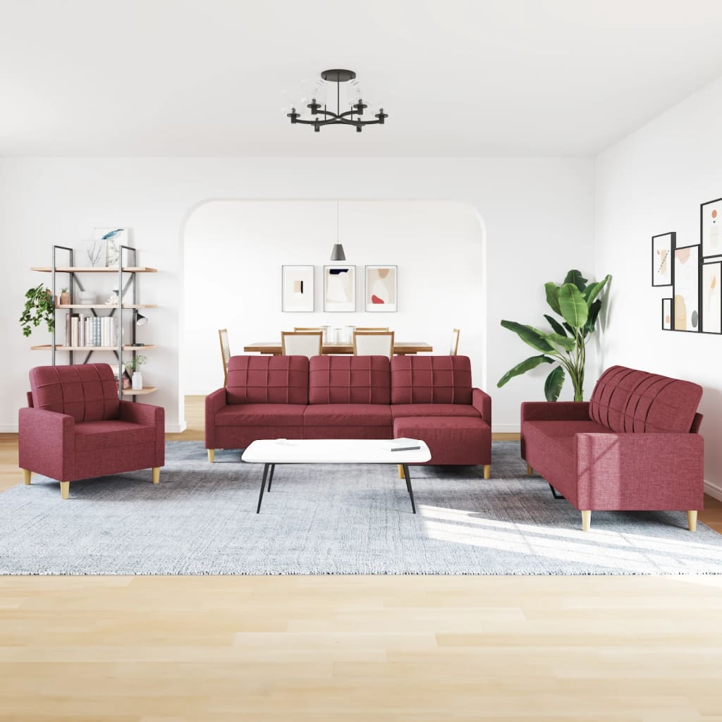 4-dijelni set sofa s tabureom crvena boja vina od tkanine