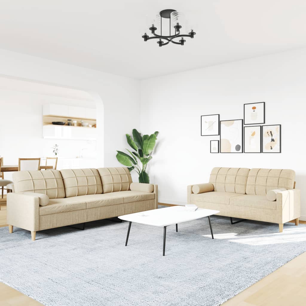 2-dijelni set sofa s ukrasnim jastucima krem od tkanine