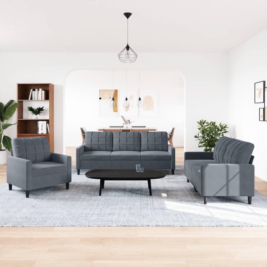 3-dijelni set sofa s jastucima tamnosivi baršunasti