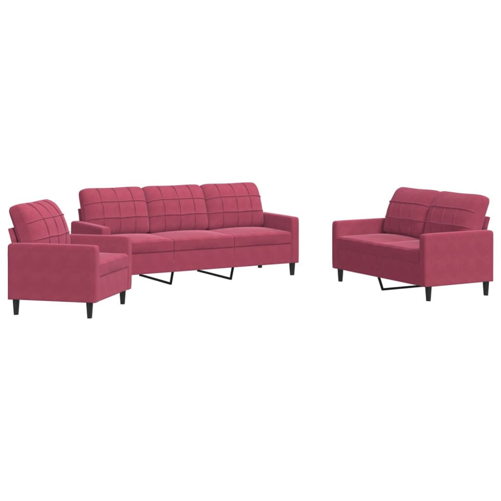 3-dijelni set sofa s jastucima crvena boja vina baršunasti