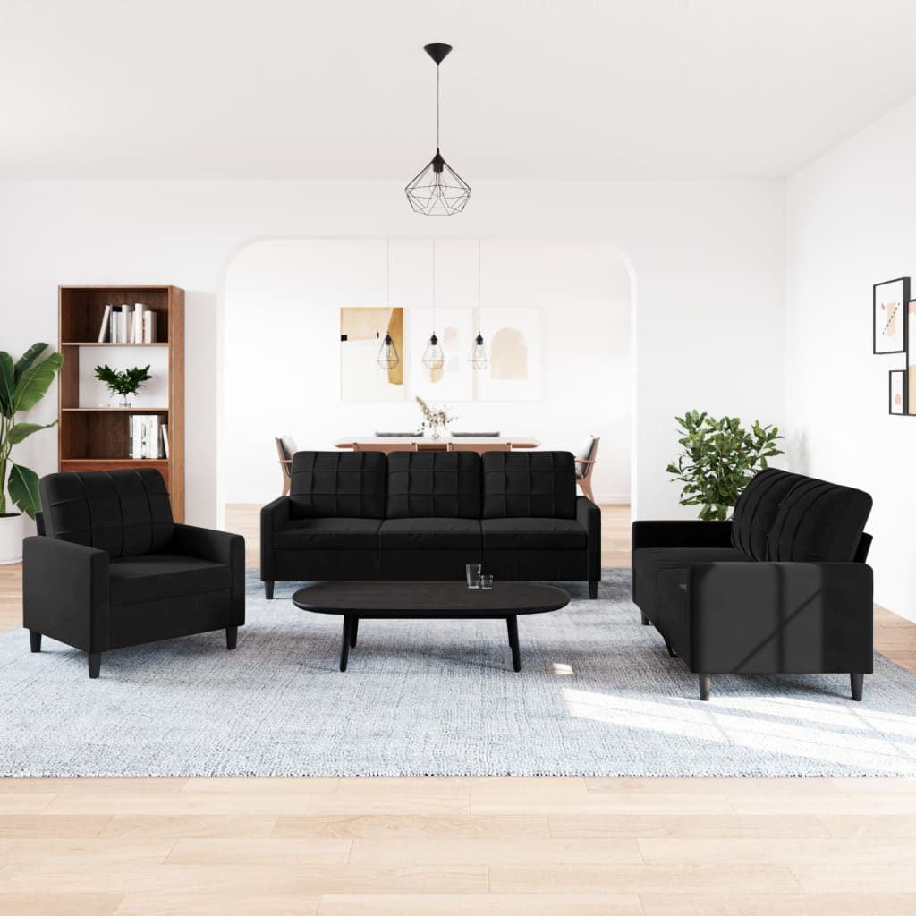 3-dijelni set sofa s jastucima crni baršunasti