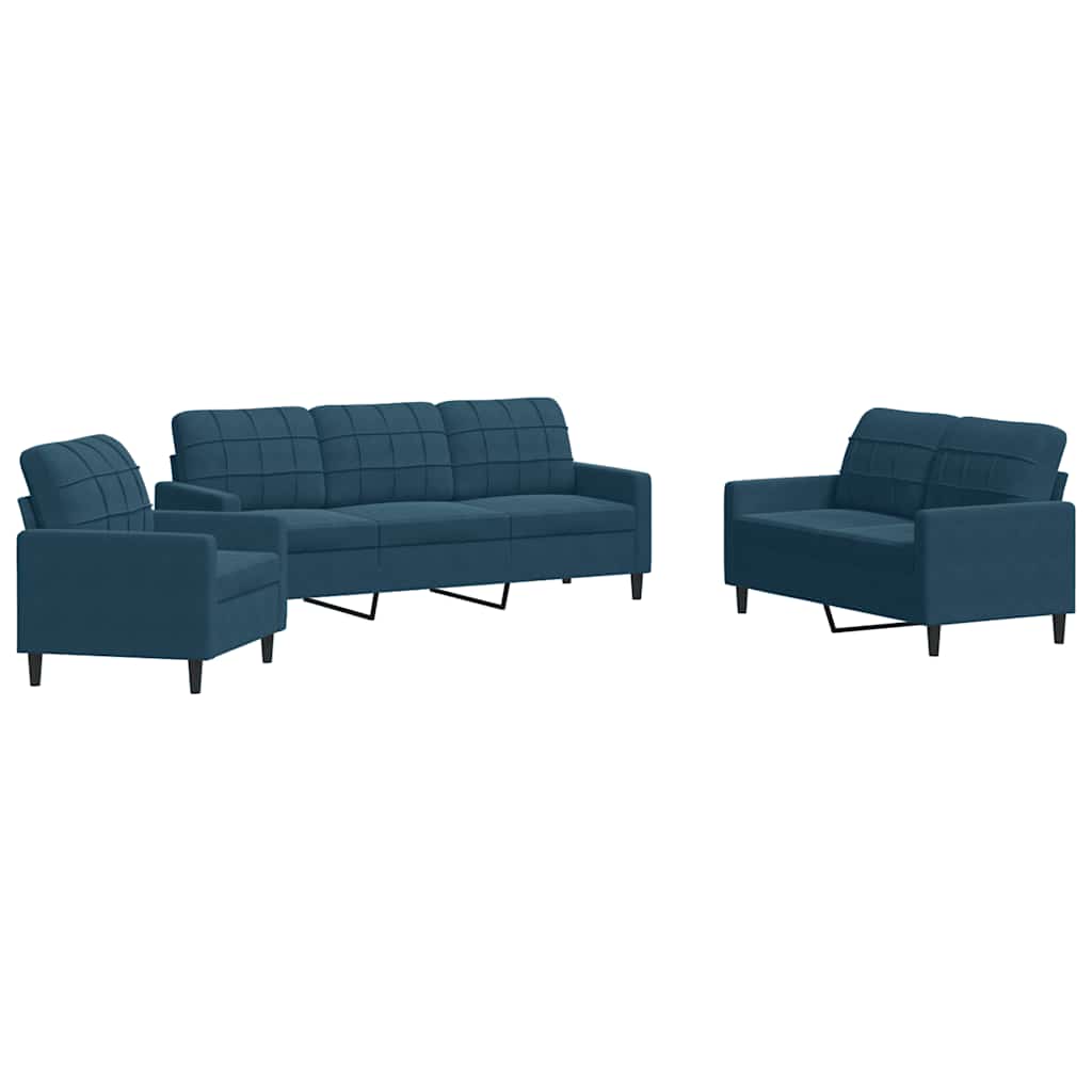 3-dijelni set sofa s jastucima plavi baršunasti
