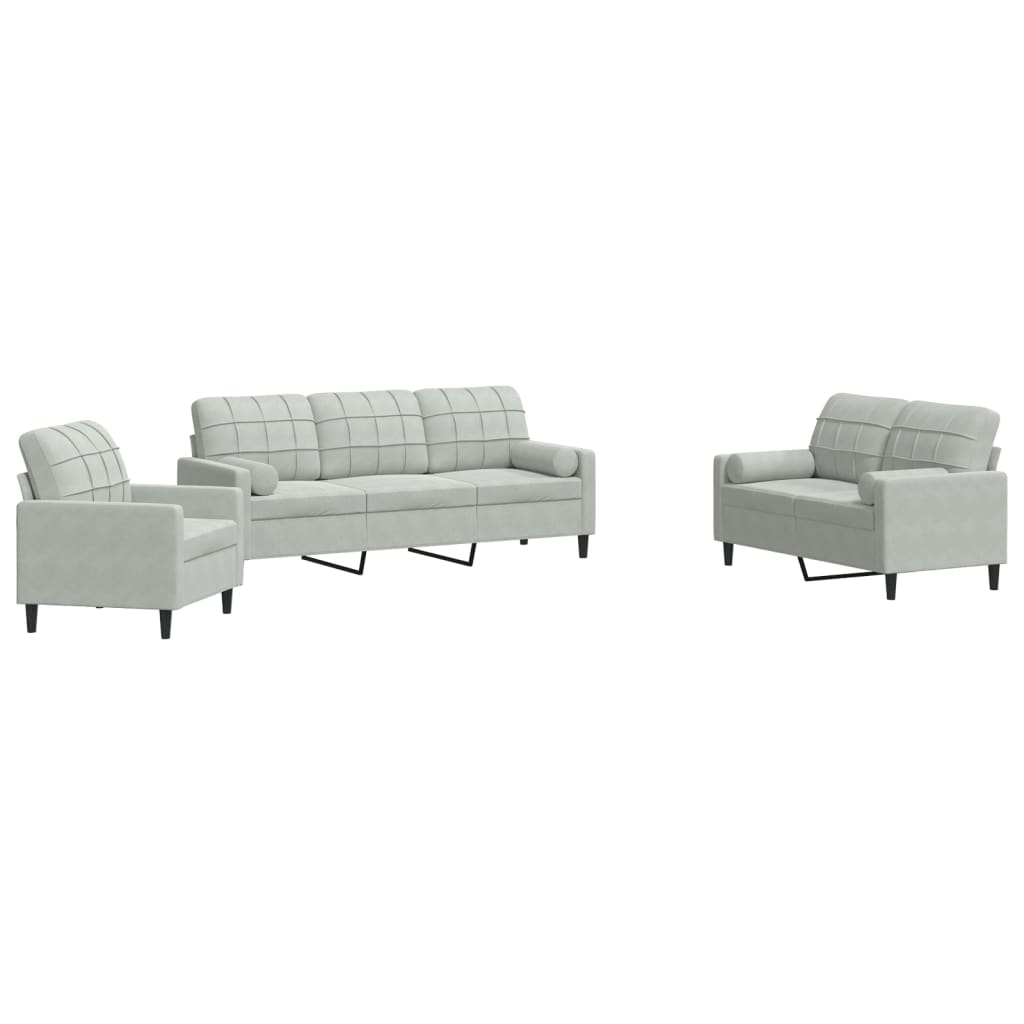 3-dijelni set sofa s jastucima svjetlosivi baršunasti