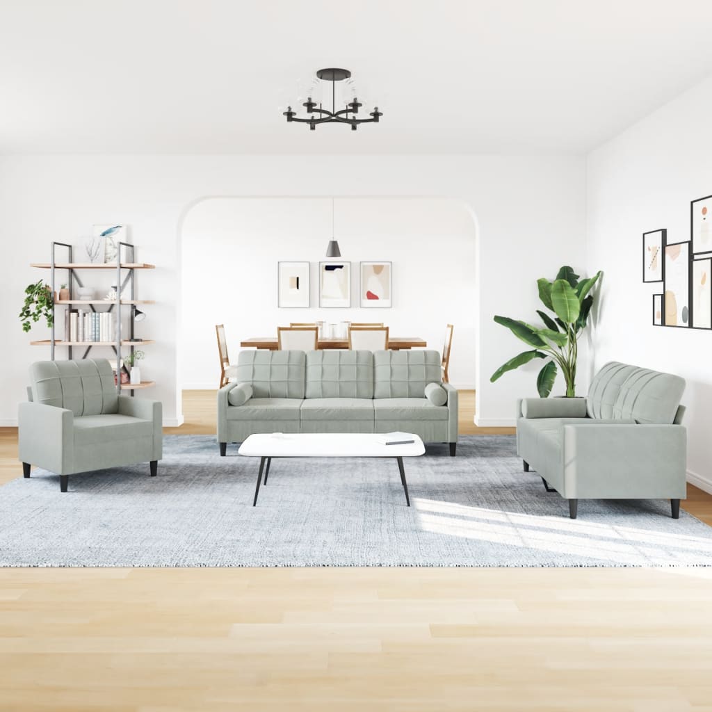 3-dijelni set sofa s jastucima svjetlosivi baršunasti
