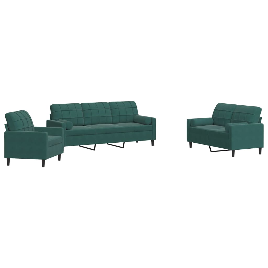 3-dijelni set sofa s jastucima tamnozeleni baršunasti