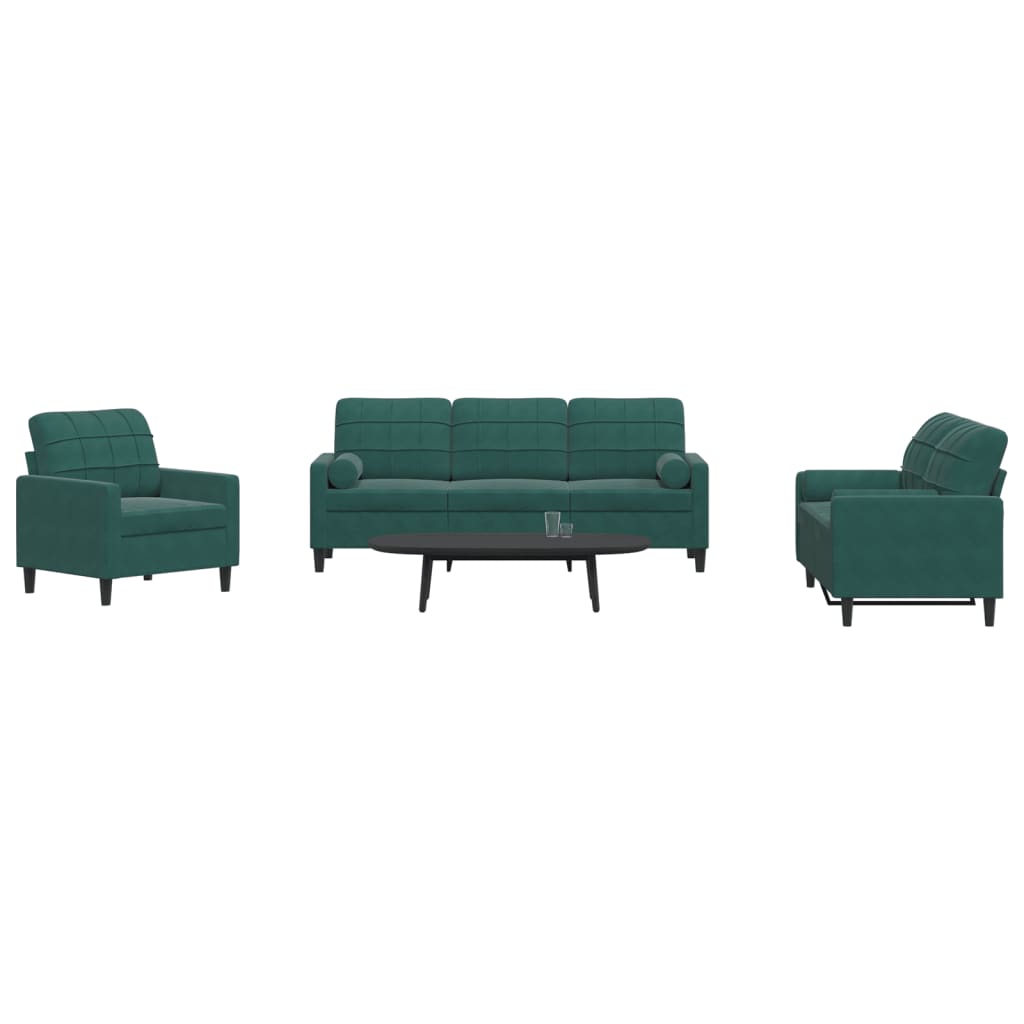 3-dijelni set sofa s jastucima tamnozeleni baršunasti