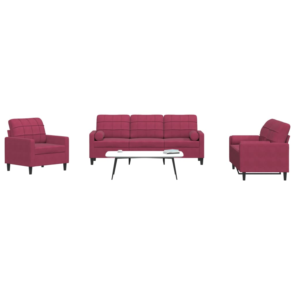 3-dijelni set sofa s jastucima crvena boja vina baršunasti