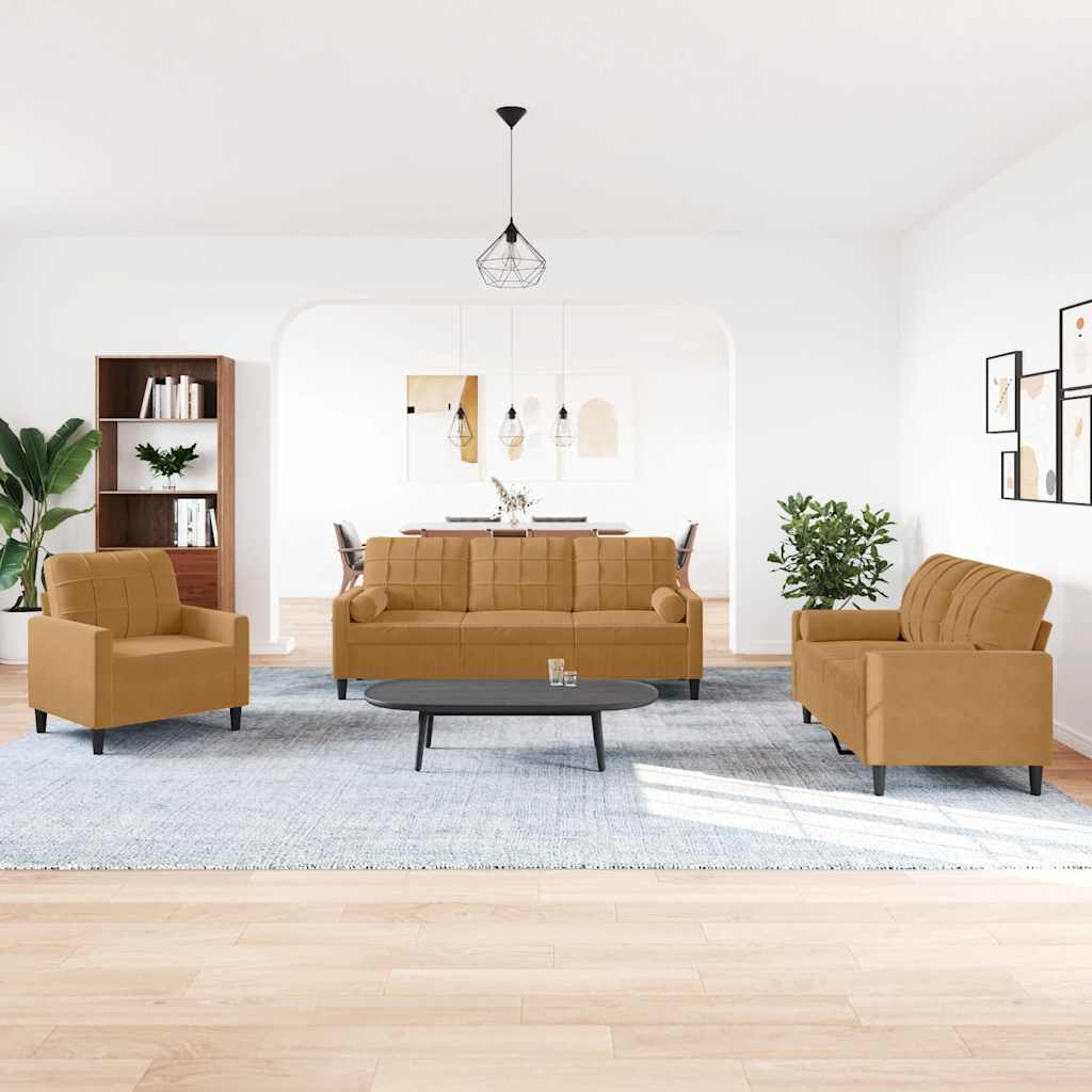 3-dijelni set sofa s jastucima smeđi baršunasti