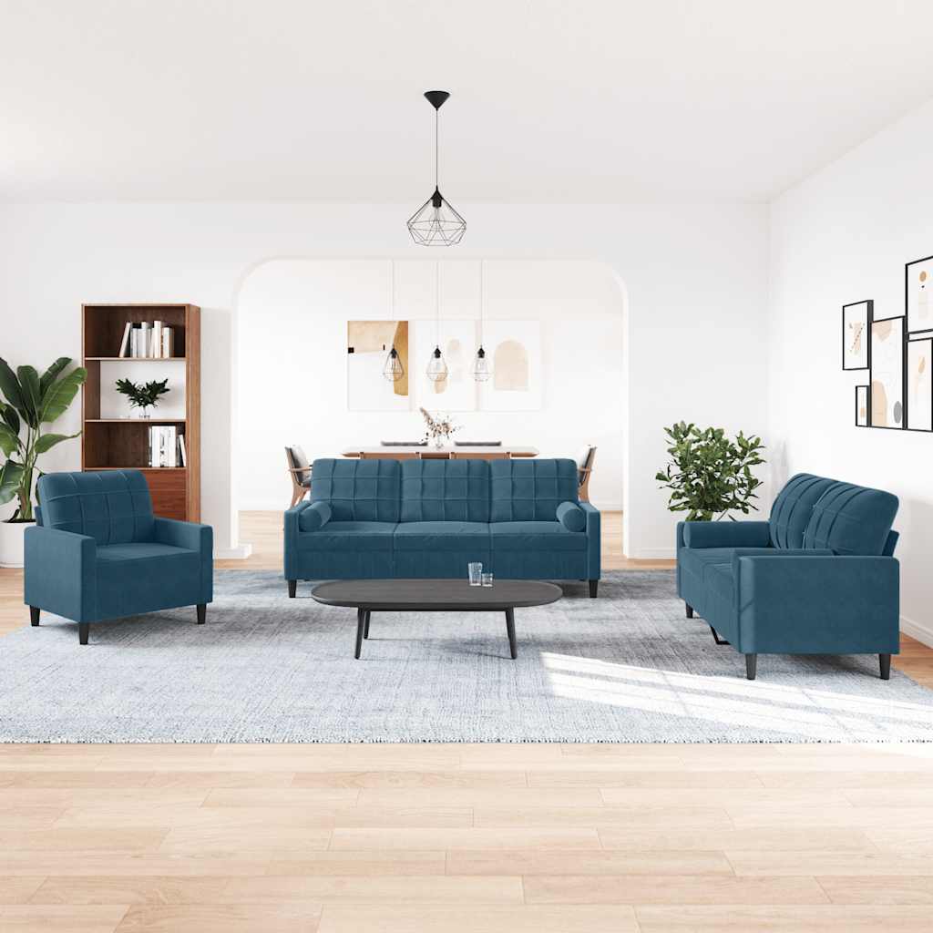 3-dijelni set sofa s jastucima plavi baršunasti