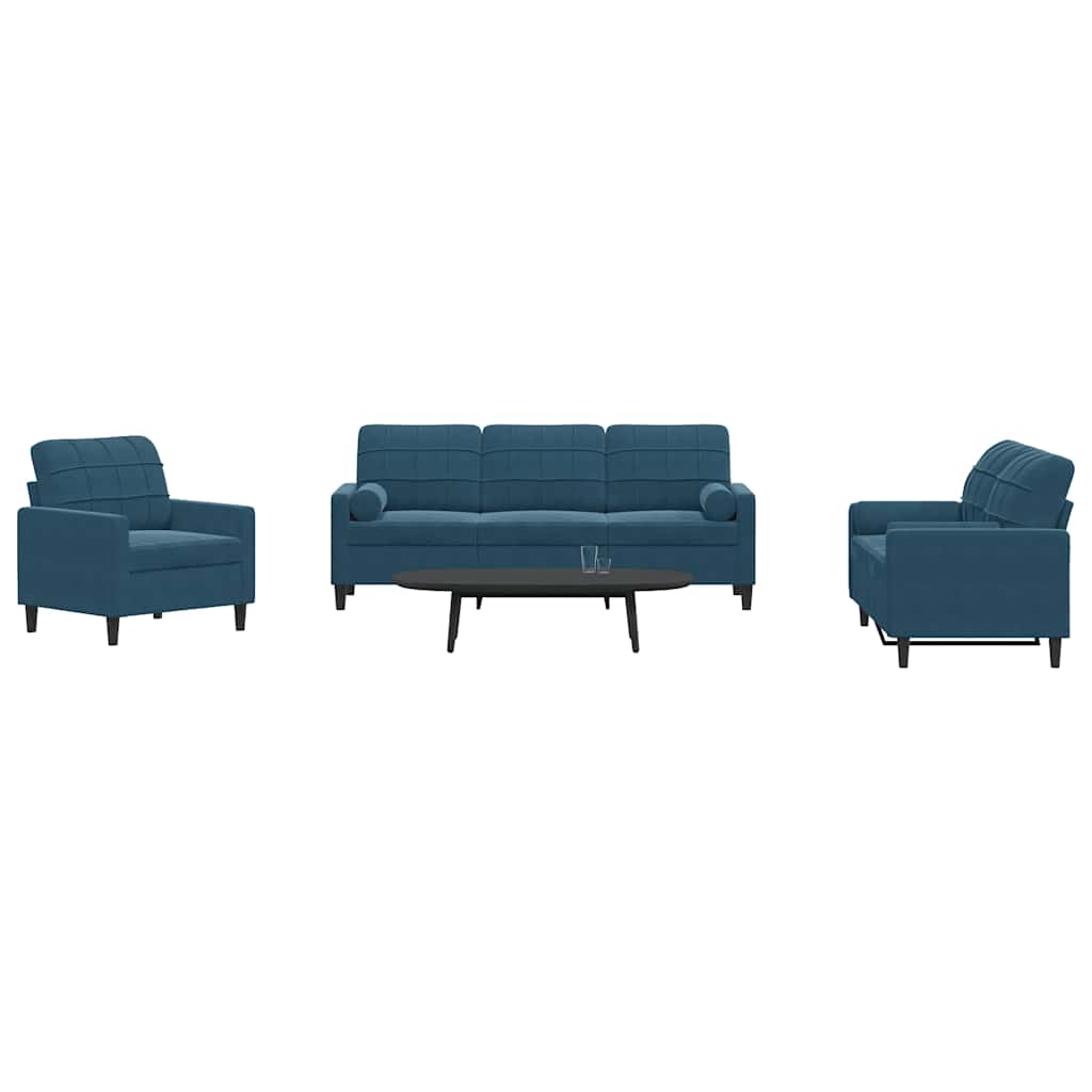 3-dijelni set sofa s jastucima plavi baršunasti