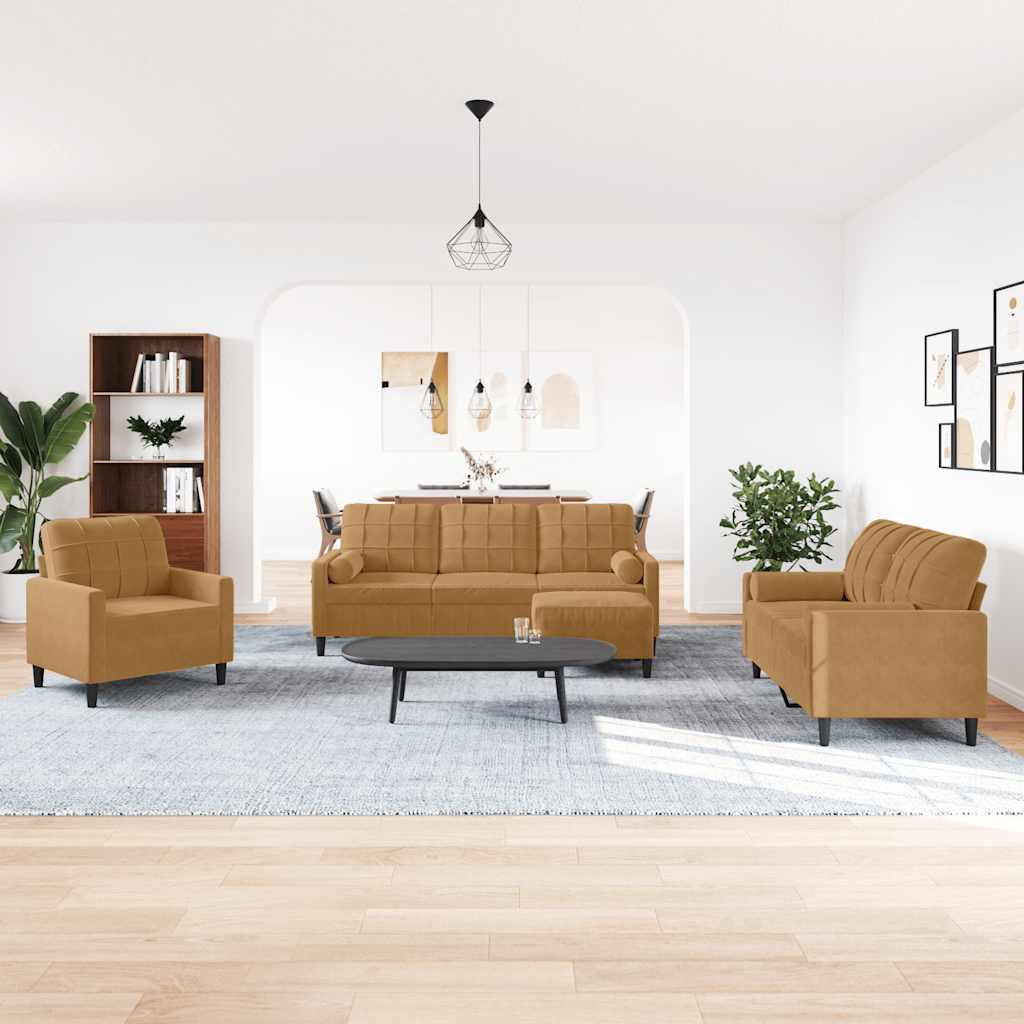 4-dijelni set sofa s jastucima smeđi baršunasti