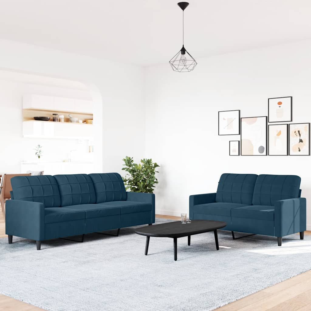 2-dijelni set sofa s jastucima plavi baršunasti