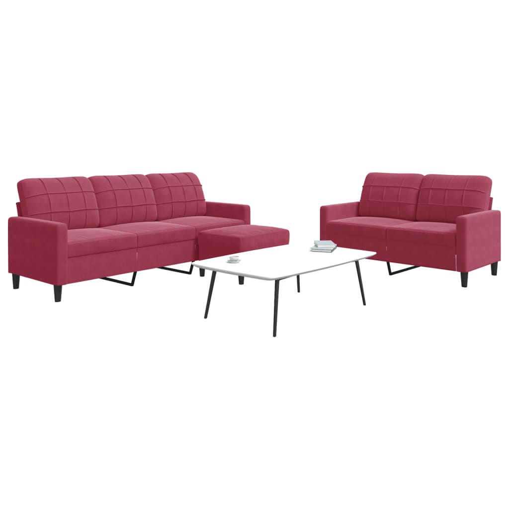 3-dijelni set sofa s jastucima crvena boja vina baršunasti