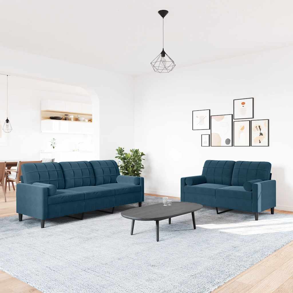 2-dijelni set sofa s jastucima plavi baršunasti
