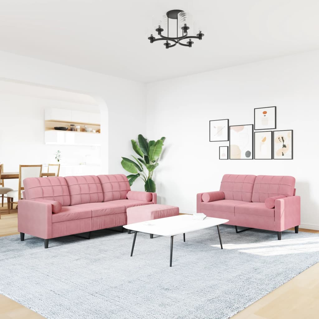 3-dijelni set sofa s jastucima ružičasti baršunasti