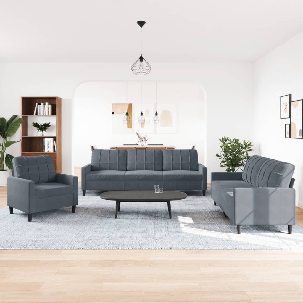 3-dijelni set sofa s jastucima tamnosivi baršunasti