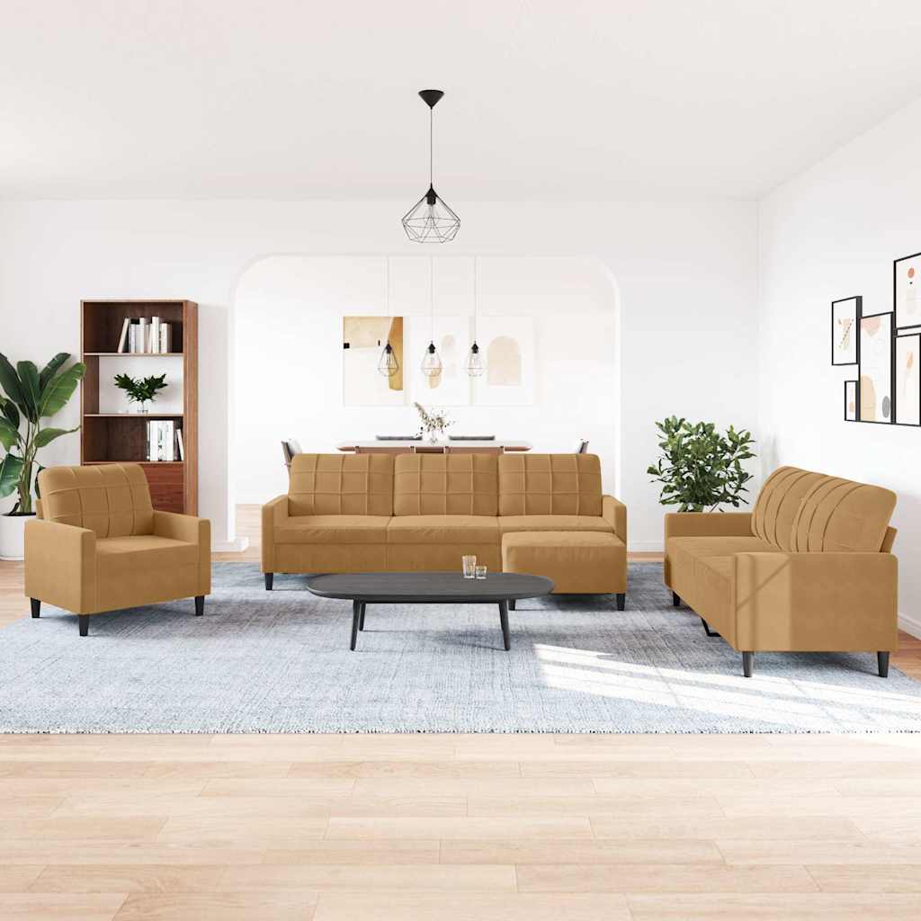 4-dijelni set sofa s jastucima smeđi baršunasti
