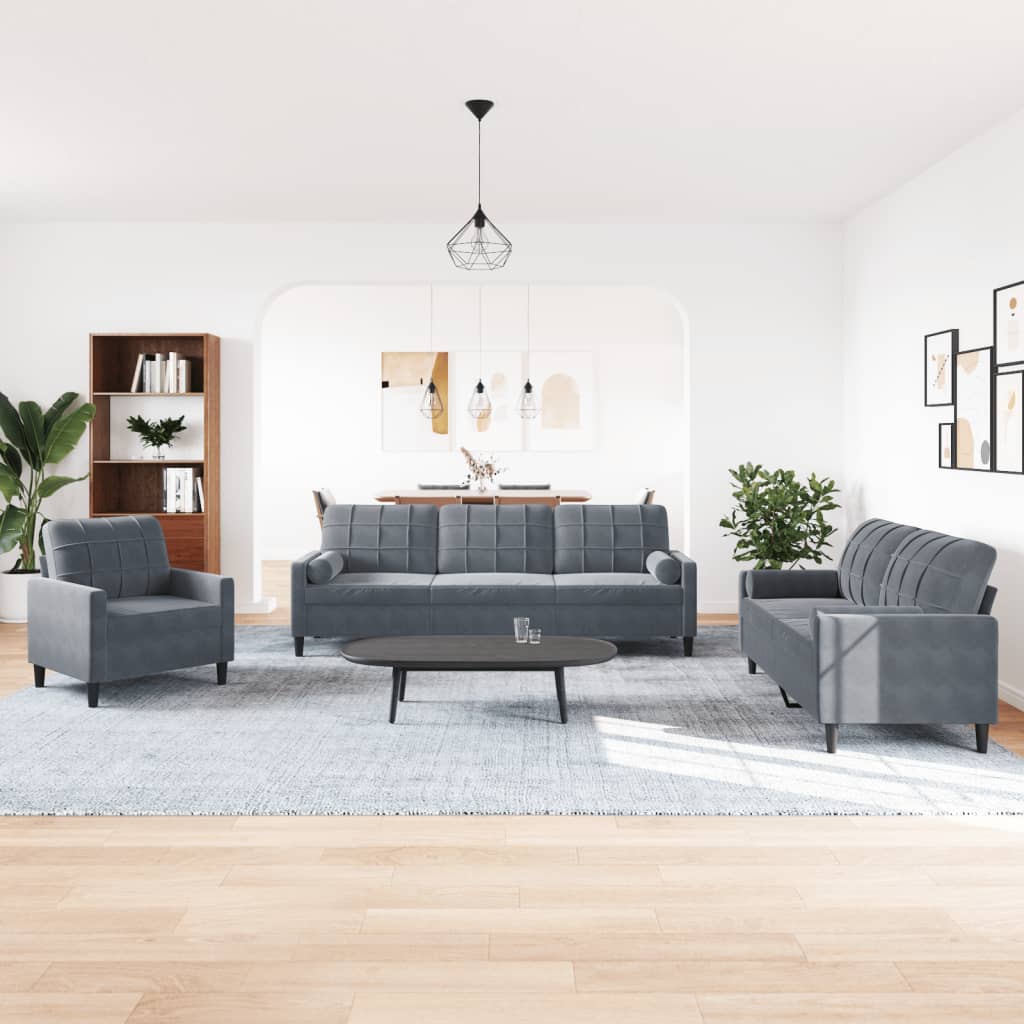 3-dijelni set sofa s jastucima tamnosivi baršunasti