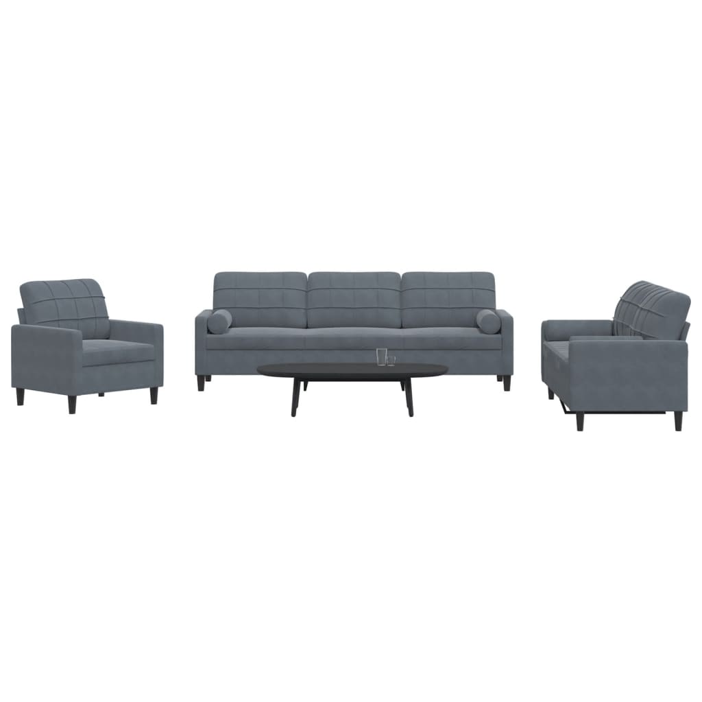 3-dijelni set sofa s jastucima tamnosivi baršunasti