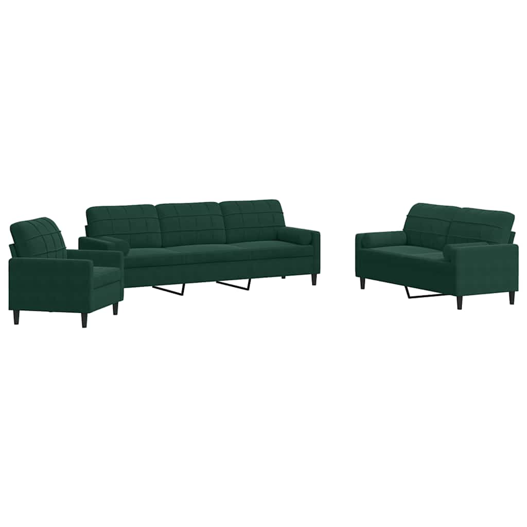 3-dijelni set sofa s jastucima tamnozeleni baršunasti