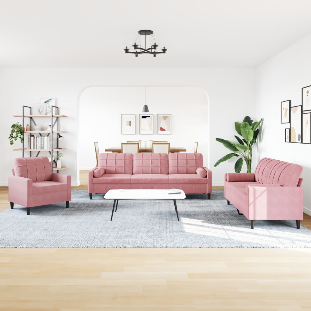 3-dijelni set sofa s jastucima ružičasti baršunasti