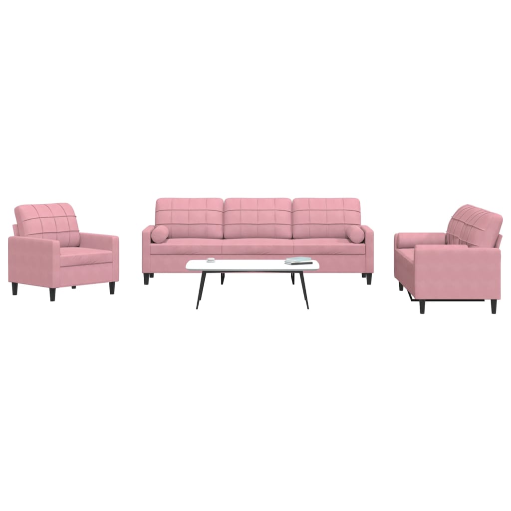 3-dijelni set sofa s jastucima ružičasti baršunasti