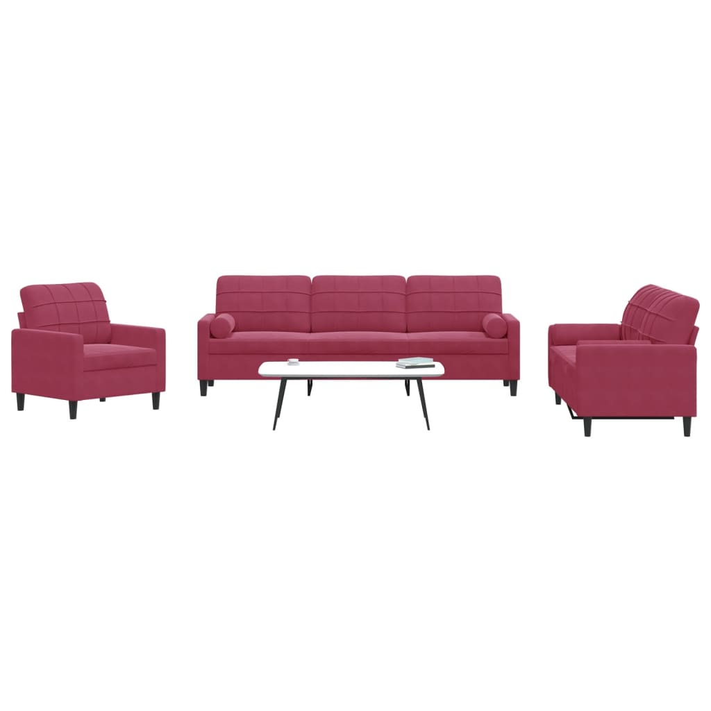 3-dijelni set sofa s jastucima crvena boja vina baršunasti