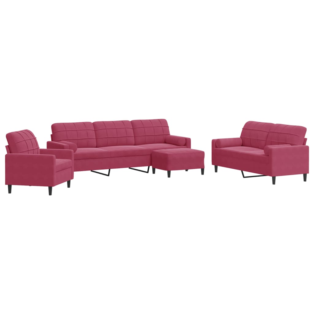 4-dijelni set sofa s jastucima crvena boja vina baršunasti