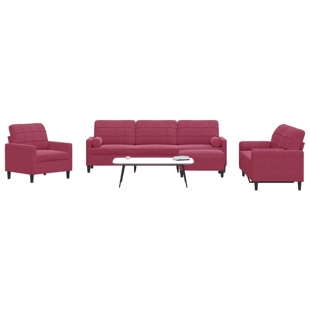 4-dijelni set sofa s jastucima crvena boja vina baršunasti